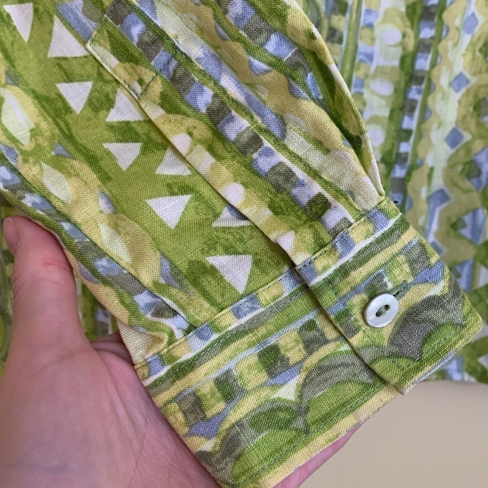 Sigrid Olsen | 100% Linen Green White Mixed Print Button Down Collared Shirt XS - Picture 10 of 17